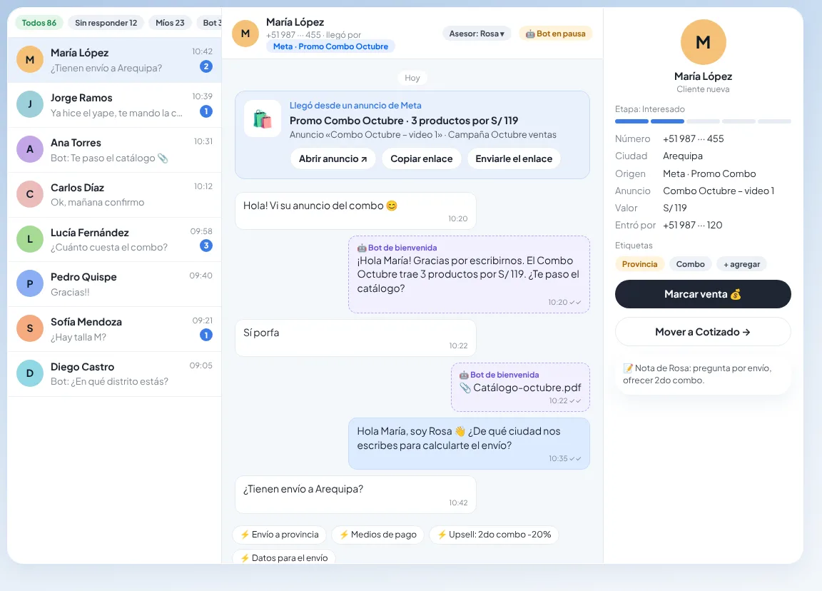 Chat de Kobra mostrando el anuncio de Meta que trajo al cliente